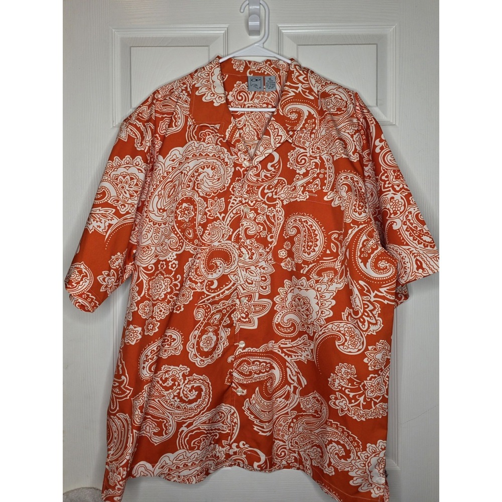 OP Short Sleeve Button Down 100% Polyester Hawaiian Shirt‎ Men's XL Orange White